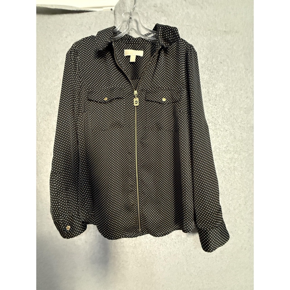 MICHAEL Michael‎ Kors Blouse Womens S Black Polka Dot Zip Front Roll Tab Top